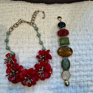 Floral Red Necklace and Multicolor Bracelet Set